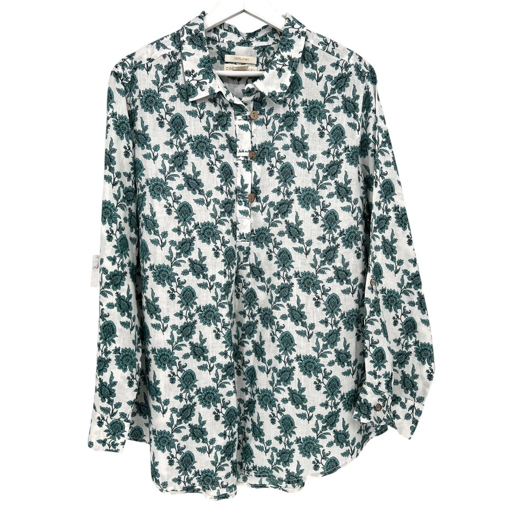 Cynthia Rowley Linen Top Women 1X White Green Floral Roll Tab Sleeve Coastal